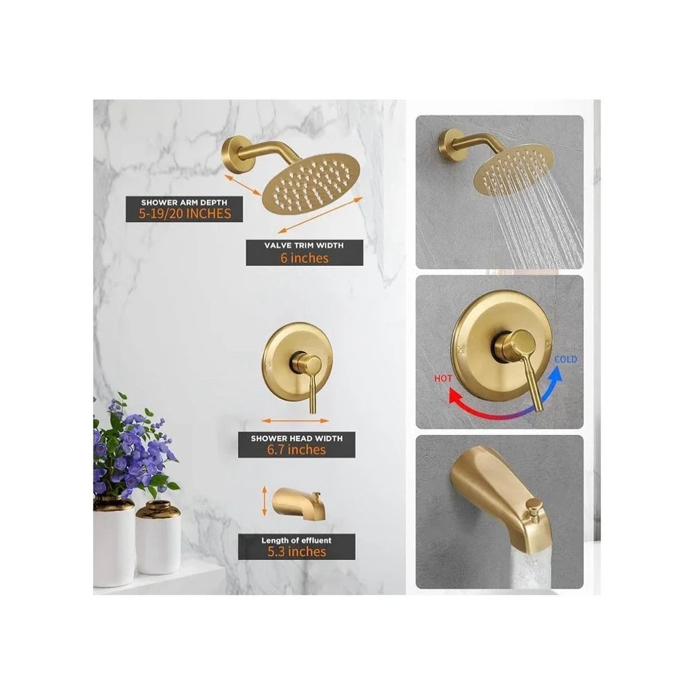 Tub Shower Faucet Set (Valve Included) with 6-Inch Rain Shower Head and Tub Spou